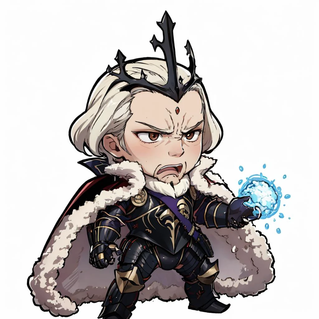 masterpiece, best quality, <lora:GaronFE-bsinky-v1:0.8> garonFE, facial hair, armor, fur trim, cape, crown, gauntlets <lora:DarkCabalChibiStyle:1> (chibi:1.3), white background, simple background, furrowed brow, yelling, standing