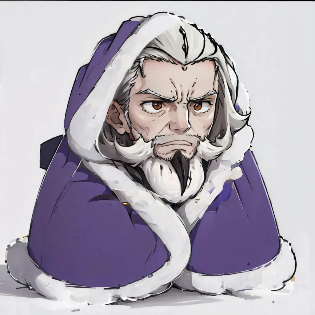 masterpiece, best quality, <lora:GaronFE-bsinky-v1:0.8> garonFE, facial hair <lora:cozyblanket-nvwls-v1:1> cozyblanket, chibi, simple background, furrowed brow