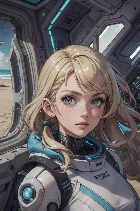beautiful, linework, (outlines:1.05), shadows, <lora:detail_slider_v4:1.0>,
<lora:GoodHands-beta2:0.8>
1 girl, adult (elven:0.7) woman, freckles, aquamarine eyes, natural blonde beach waves hair,
solo, half shot, looking at viewer, detailed background, detailed face, ((space_style:0.6), cosmic outer space theme:1.1), astronaut, wearing black space suit, headset, insignia, advanced technology, excited, spacewalk, hair drifting, lightspeed, floating particles, cybernetic enhancements, spaceship interior in background, starlight, epic atmosphere,