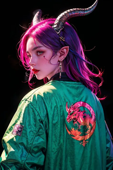 <lora:Ronin:0.7>,oniNFT,horns,jewelry,earrings,dragon,solo,black background,eastern dragon,jacket,upper body,multicolored hair,simple background,pointy ears,from behind,purple jacket,ear piercing,red hair,1girl,white hair,teeth,long hair,, (masterpiece, best quality, high quality, highres, ultra-detailed),
