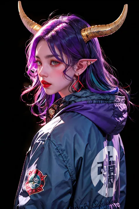 <lora:Ronin:0.7>,oniNFT,horns,jewelry,earrings,dragon,solo,black background,eastern dragon,jacket,upper body,multicolored hair,simple background,pointy ears,from behind,purple jacket,ear piercing,red hair,1girl,white hair,teeth,long hair,, (masterpiece, best quality, high quality, highres, ultra-detailed),