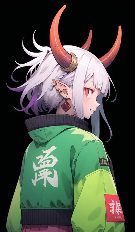 oniNFT, horns, jewelry, earrings, dragon, solo, black background, eastern dragon, jacket, upper body, multicolored hair, simple background, pointy ears, from behind, purple jacket, ear piercing, red hair, 1girl, white hair, teeth, long hair <lora:oniNFT-block:1>