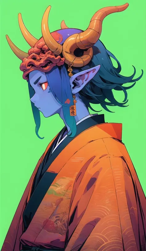 oniNFT, solo, 1boy, horns, male focus, colored skin, japanese clothes, colored sclera, pointy ears, blue skin, kimono, upper body, from side, profile <lora:oniNFT-block:1>