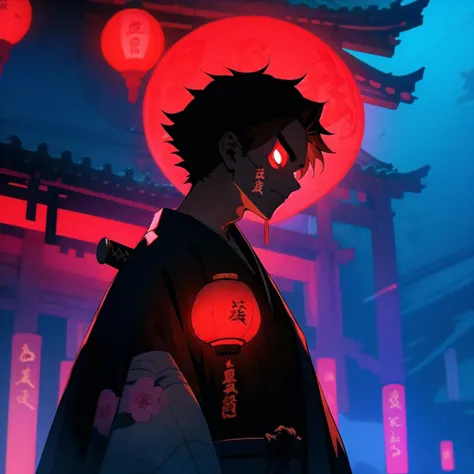oniNFT, mask, japanese clothes, solo, kimono, lantern, sword, floral print, weapon, male focus, night, upper body, 1boy, glowing, black kimono, paper lantern, brown hair, outdoors, katana, glowing eyes, blurry <lora:oniNFT-block:1>