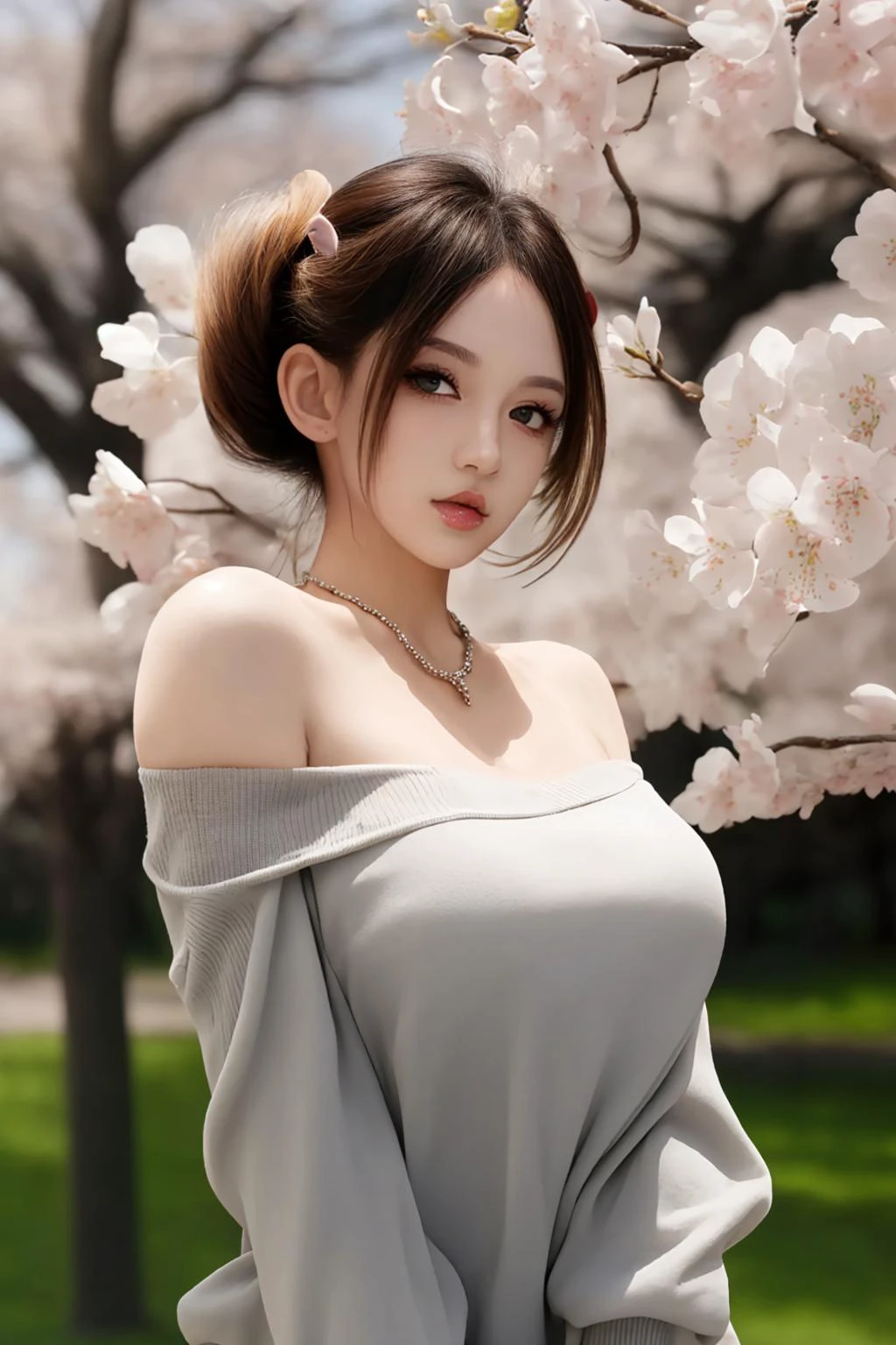 masterpiece, best quality, 8k, flawless, detailed background, soft lighting, cherry blossom, windy,
((1girl, solo)), upper body, looking at viewer, double bun, mole under eye, ((grey_pupils)), blush, (glossy lips, large breasts), solo focus,
beige sweater, off shoulder, necklace, hand to own chest,
<lora:AG-sun:0.8>,