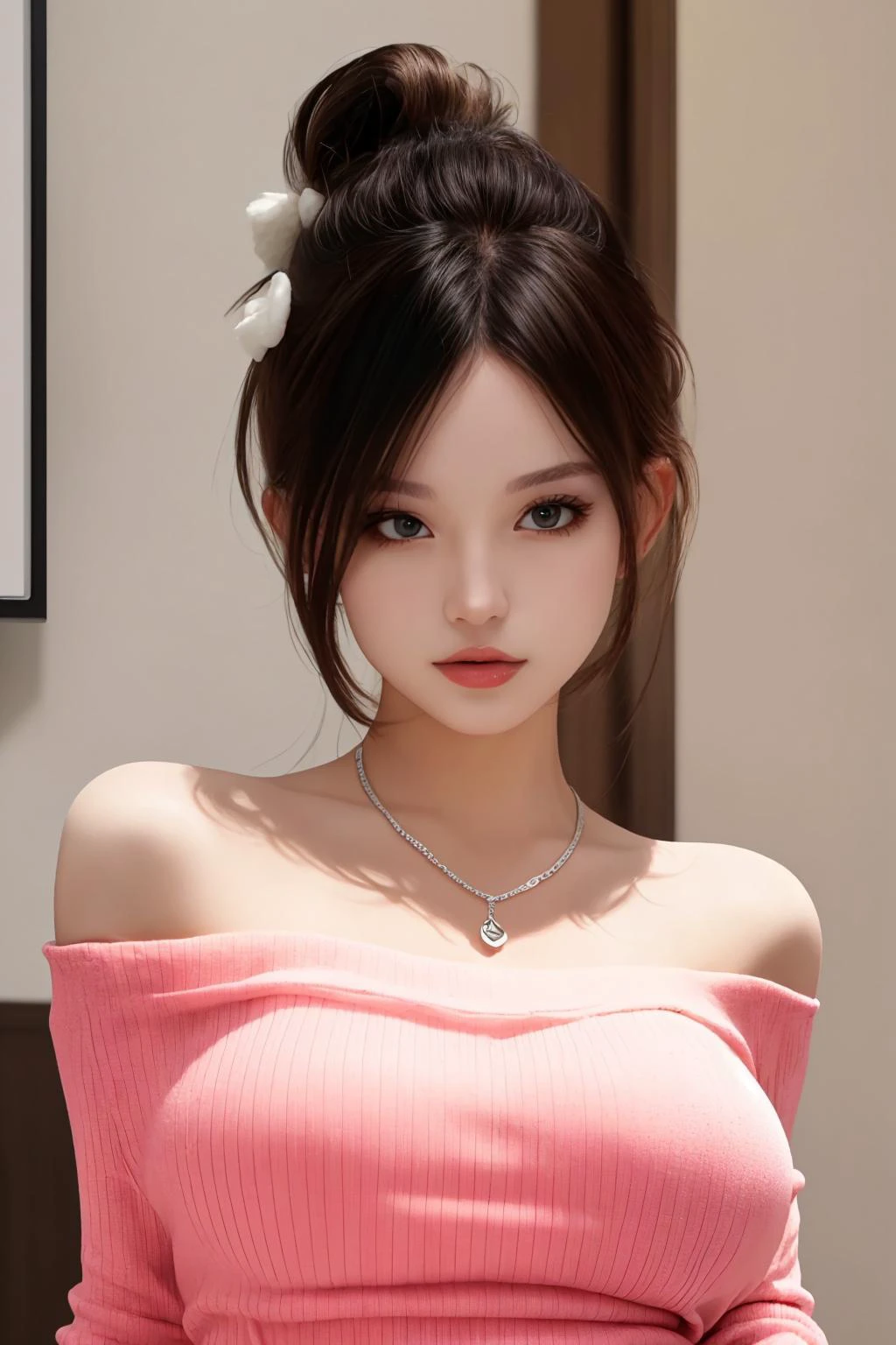 masterpiece, best quality, 8k, flawless, detailed background, soft lighting,
((1girl, solo)), upper body, face focus, close up, looking at viewer, hair bun, (glossy lips, large breasts), solo focus,
sweater, off shoulder, necklace,
<lora:AG-sun:0.8>,