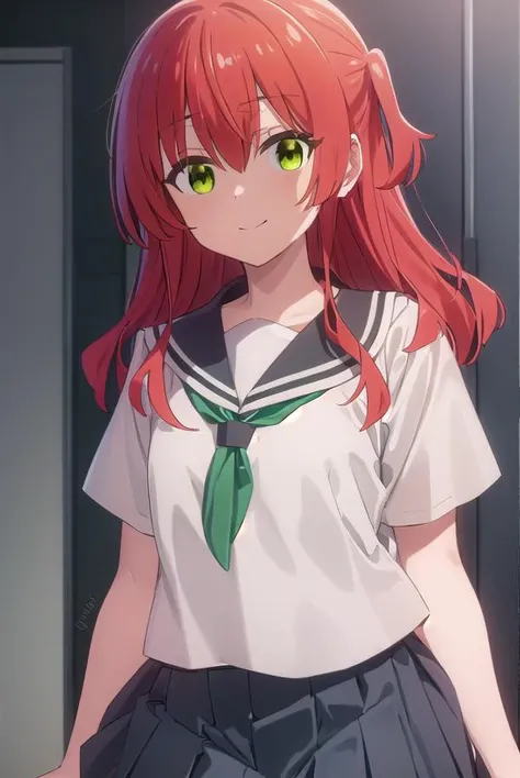 kitaikuyo, <lora:ikuyo kita s1-lora-nochekaiser:1>,
ikuyo kita, (green eyes:1.5), hair between eyes, long hair, one side up, red hair, smile,
BREAK black footwear, black skirt, grey sailor collar, pleated skirt, sailor collar, school uniform, shoes, short sleeves, shuka high school uniform, skirt,,
BREAK indoors, classroom,
BREAK looking at viewer, (cowboy shot:1.5),
BREAK <lyco:GoodHands-beta2:1>, (masterpiece:1.2), best quality, high resolution, unity 8k wallpaper, (illustration:0.8), (beautiful detailed eyes:1.6), extremely detailed face, perfect lighting, extremely detailed CG, (perfect hands, perfect anatomy),