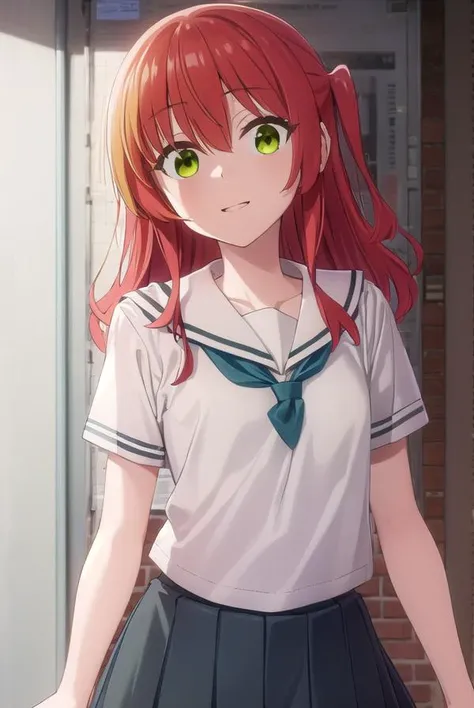 kitaikuyo, <lora:ikuyo kita s1-lora-nochekaiser:1>, 
ikuyo kita, (green eyes:1.5), hair between eyes, long hair, one side up, red hair, smile,
BREAK black footwear, black skirt, grey sailor collar, pleated skirt, sailor collar, school uniform, shoes, short sleeves, shuka high school uniform, skirt,,
BREAK indoors, classroom,
BREAK looking at viewer, (cowboy shot:1.5),
BREAK <lyco:GoodHands-beta2:1>, (masterpiece:1.2), best quality, high resolution, unity 8k wallpaper, (illustration:0.8), (beautiful detailed eyes:1.6), extremely detailed face, perfect lighting, extremely detailed CG, (perfect hands, perfect anatomy),