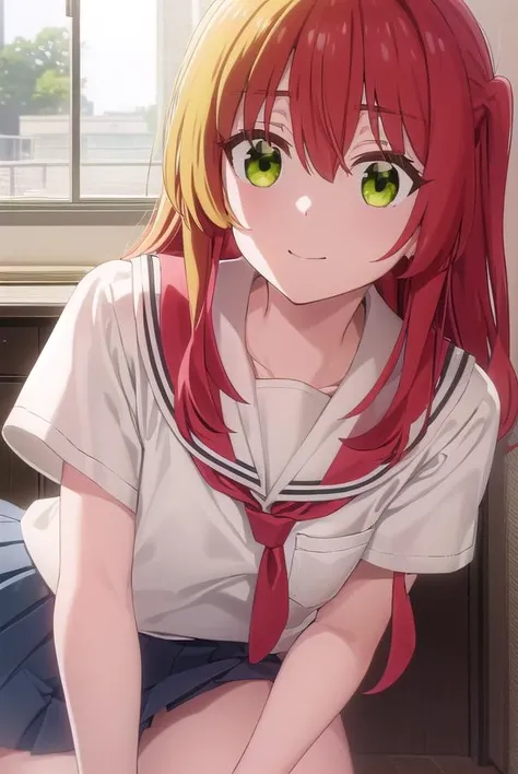 kitaikuyo, <lora:ikuyo kita s1-lora-nochekaiser:1>, 
ikuyo kita, (green eyes:1.5), hair between eyes, long hair, one side up, red hair, smile,
BREAK black footwear, black skirt, grey sailor collar, pleated skirt, sailor collar, school uniform, shoes, short sleeves, shuka high school uniform, skirt,,
BREAK indoors, classroom,
BREAK looking at viewer, (cowboy shot:1.5),
BREAK <lyco:GoodHands-beta2:1>, (masterpiece:1.2), best quality, high resolution, unity 8k wallpaper, (illustration:0.8), (beautiful detailed eyes:1.6), extremely detailed face, perfect lighting, extremely detailed CG, (perfect hands, perfect anatomy),