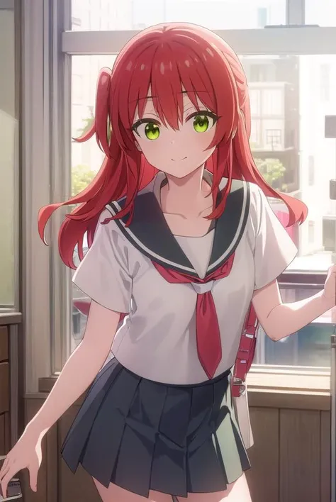 kitaikuyo, <lora:ikuyo kita s1-lora-nochekaiser:1>, 
ikuyo kita, (green eyes:1.5), hair between eyes, long hair, one side up, red hair, smile,
BREAK black footwear, black skirt, grey sailor collar, pleated skirt, sailor collar, school uniform, shoes, short sleeves, shuka high school uniform, skirt,,
BREAK indoors, classroom,
BREAK looking at viewer, (cowboy shot:1.5),
BREAK <lyco:GoodHands-beta2:1>, (masterpiece:1.2), best quality, high resolution, unity 8k wallpaper, (illustration:0.8), (beautiful detailed eyes:1.6), extremely detailed face, perfect lighting, extremely detailed CG, (perfect hands, perfect anatomy),