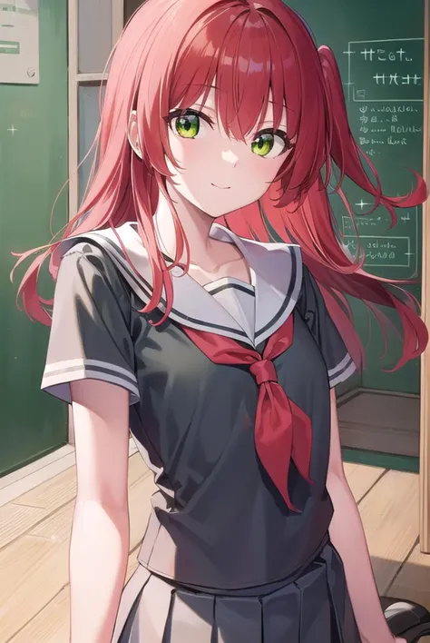 kitaikuyo, <lora:ikuyokita-lora-nochekaiser:1>, 
ikuyo kita, (green eyes:1.5), hair between eyes, long hair, one side up, red hair, (flat chest:1.2), smile,
BREAK black footwear, black skirt, grey sailor collar, pleated skirt, sailor collar, school uniform, shoes, short sleeves, shuka high school uniform, skirt,,
BREAK indoors, classroom,
BREAK looking at viewer, (cowboy shot:1.5),
BREAK <lyco:GoodHands-beta2:1>, (masterpiece:1.2), best quality, high resolution, unity 8k wallpaper, (illustration:0.8), (beautiful detailed eyes:1.6), extremely detailed face, perfect lighting, extremely detailed CG, (perfect hands, perfect anatomy),
