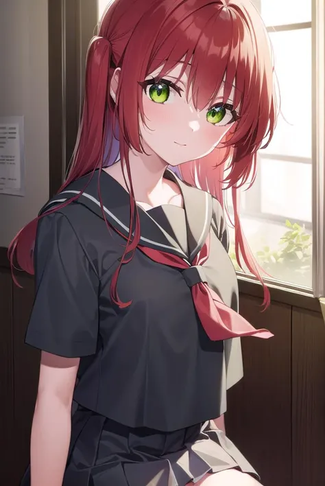kitaikuyo, <lora:ikuyokita-lora-nochekaiser:1>,
ikuyo kita, (green eyes:1.5), hair between eyes, long hair, one side up, red hair, (flat chest:1.2), smile,
BREAK black footwear, black skirt, grey sailor collar, pleated skirt, sailor collar, school uniform, shoes, short sleeves, shuka high school uniform, skirt,,
BREAK indoors, classroom,
BREAK looking at viewer, (cowboy shot:1.5),
BREAK <lyco:GoodHands-beta2:1>, (masterpiece:1.2), best quality, high resolution, unity 8k wallpaper, (illustration:0.8), (beautiful detailed eyes:1.6), extremely detailed face, perfect lighting, extremely detailed CG, (perfect hands, perfect anatomy),
