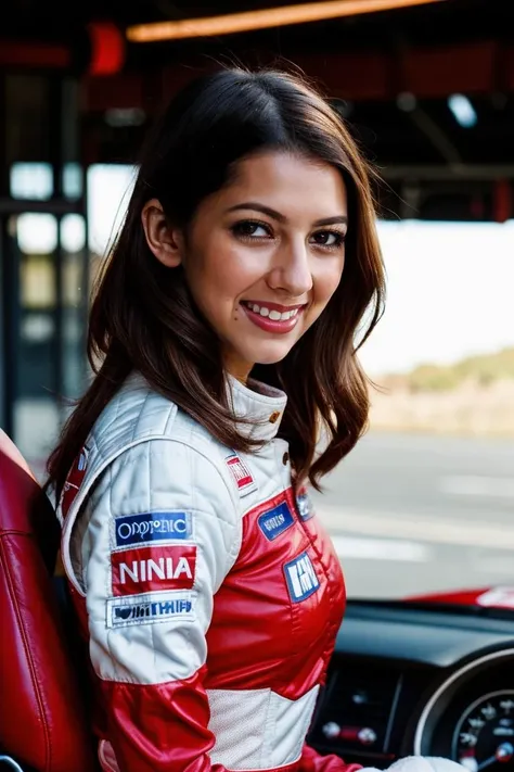 A stunning intricate full color portrait of a cute woman,wearing a race driver outfit, racing car in background, happy, epic character composition,by ilya kuvshinov, alessio albi, nina masic,sharp focus, natural lighting, subsurface scattering, f2, 35mm, film grain, half body shot <lora:LexiBloom-000003:1>