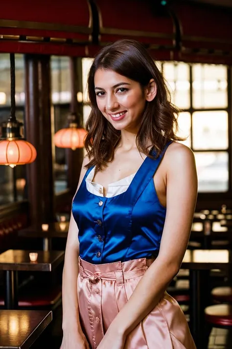 A stunning intricate full color portrait of a cute woman,wearing a waitress outfit, in a restaurant, having fun, epic character composition,by ilya kuvshinov, alessio albi, nina masic,sharp focus, natural lighting, subsurface scattering, f2, 35mm, film grain, half body shot <lora:LexiBloom-000003:1>