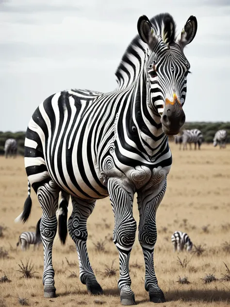 A zebra with its stripes transformed into black and white ais-spirals, standing alone on a plain savanna <lora:Colorful_Spirals_SDXL:1>.