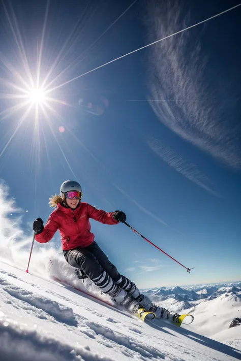 from below,photo of a 18 year old girl,skiing,happy,ray tracing,detail shadow,shot on Fujifilm X-T4,14mm f1.8,sharp focus,depth of field,blurry background,bokeh,lens flare,motion blur,<lora:add_detail:1>,