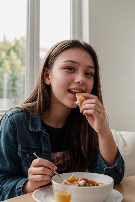 from below,photo of a 18 year old girl,eating,happy,ray tracing,detail shadow,shot on Fujifilm X-T4,14mm f1.8,sharp focus,depth of field,blurry background,bokeh,lens flare,motion blur,<lora:add_detail:1>,