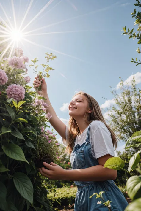 from below,photo of a 18 year old girl,gardening,happy,ray tracing,detail shadow,shot on Fujifilm X-T4,14mm f1.8,sharp focus,depth of field,blurry background,bokeh,lens flare,motion blur,<lora:add_detail:1>,