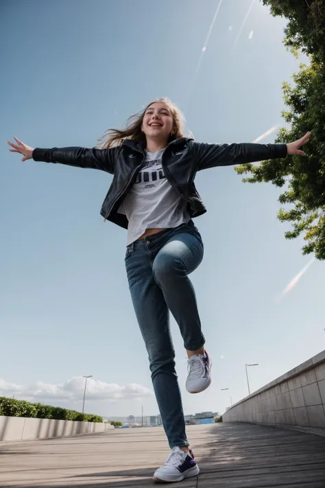 from below,photo of a 18 year old girl,jumping,happy,ray tracing,detail shadow,shot on Fujifilm X-T4,14mm f1.8,sharp focus,depth of field,blurry background,bokeh,lens flare,motion blur,<lora:add_detail:1>,