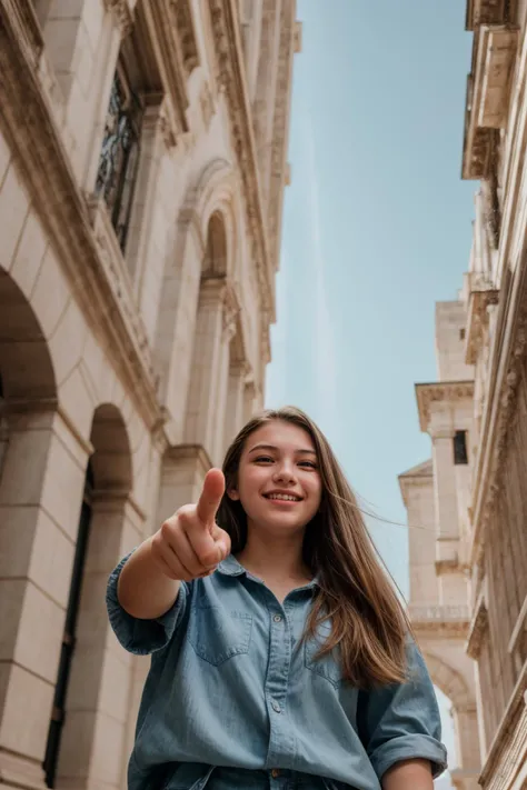 from below,photo of a 18 year old girl,pointing at viewer,happy,ray tracing,detail shadow,shot on Fujifilm X-T4,14mm f1.8,sharp focus,depth of field,blurry background,bokeh,lens flare,motion blur,<lora:add_detail:1>,