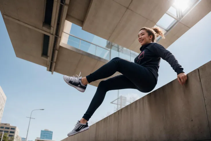 full body,from below,wide shot,photo of a 23 year old girl,Parkour,happy,ray tracing,detail shadow,shot on Fujifilm X-T4,85mm f1.2,sharp focus,depth of field,blurry background,bokeh,lens flare,motion blur,<lora:add_detail:1>,