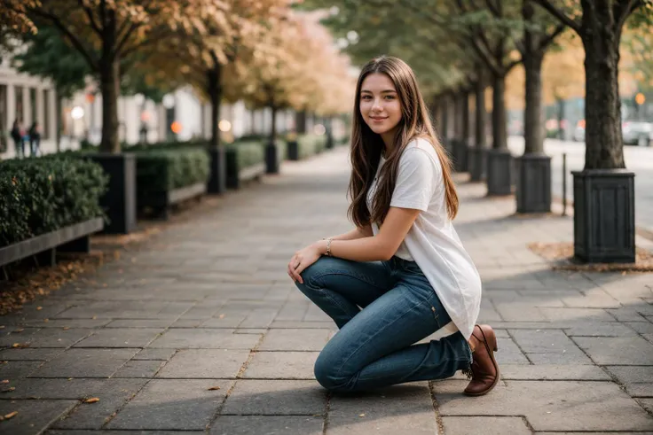 full body,photo of a 18 year old girl,Kneeling on one knee,happy,ray tracing,detail shadow,shot on Fujifilm X-T4,85mm f1.2,depth of field,blurry background,bokeh,motion blur,<lora:add_detail:1>,