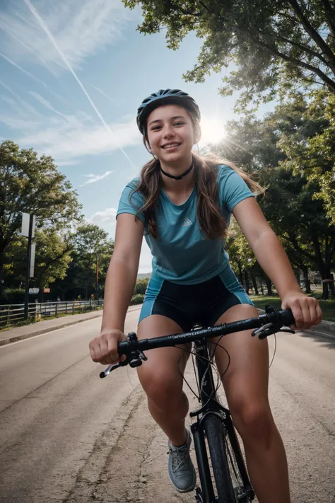 from below,photo of a 18 year old girl,cycling,happy,ray tracing,detail shadow,shot on Fujifilm X-T4,14mm f1.8,sharp focus,depth of field,blurry background,bokeh,lens flare,motion blur,<lora:add_detail:1>,
