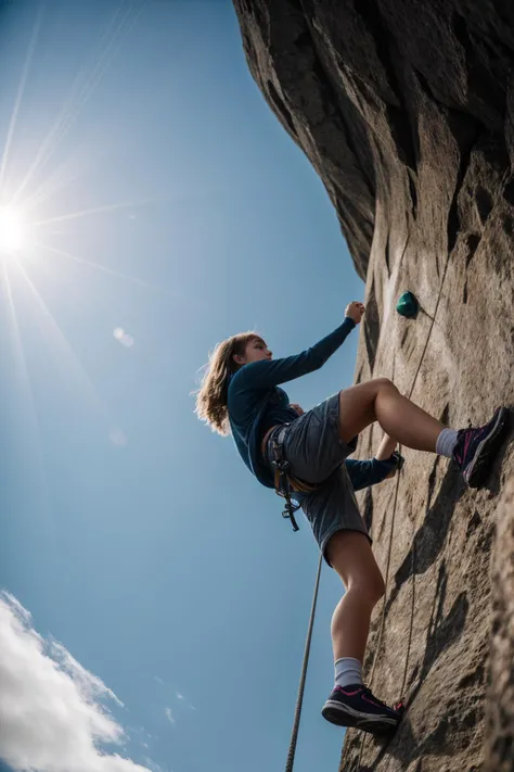 from below,photo of a 18 year old girl,climbing,happy,ray tracing,detail shadow,shot on Fujifilm X-T4,14mm f1.8,sharp focus,depth of field,blurry background,bokeh,lens flare,motion blur,<lora:add_detail:1>,