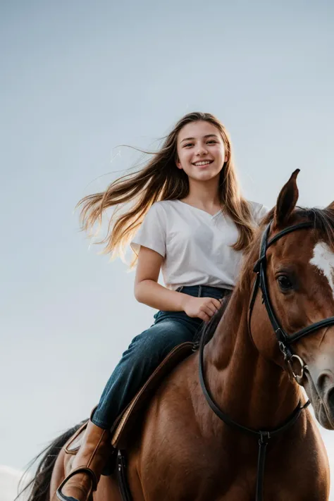 from below,photo of a 18 year old girl,riding a horse,happy,ray tracing,detail shadow,shot on Fujifilm X-T4,14mm f1.8,sharp focus,depth of field,blurry background,bokeh,lens flare,motion blur,<lora:add_detail:1>,