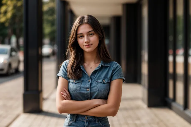 full body,photo of a 18 year old girl,Arms crossed,happy,ray tracing,detail shadow,shot on Fujifilm X-T4,85mm f1.2,depth of field,blurry background,bokeh,motion blur,<lora:add_detail:1>,