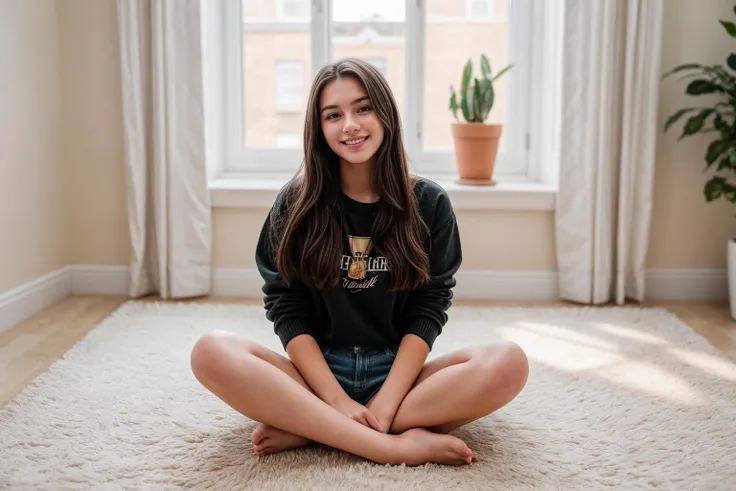 full body,photo of a 18 year old girl,Sitting cross-legged on the floor,happy,ray tracing,detail shadow,shot on Fujifilm X-T4,85mm f1.2,depth of field,blurry background,bokeh,motion blur,<lora:add_detail:1>,