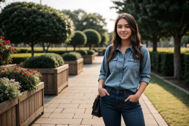 full body,photo of a 18 year old girl,Casual hands-in-pockets stance,happy,ray tracing,detail shadow,shot on Fujifilm X-T4,85mm f1.2,depth of field,blurry background,bokeh,motion blur,<lora:add_detail:1>,