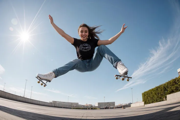 full body,from below,wide shot,photo of a 23 year old girl,skating, jumping,happy,ray tracing,detail shadow,shot on Fujifilm X-T4,85mm f1.2,sharp focus,depth of field,blurry background,bokeh,lens flare,motion blur,<lora:add_detail:1>,