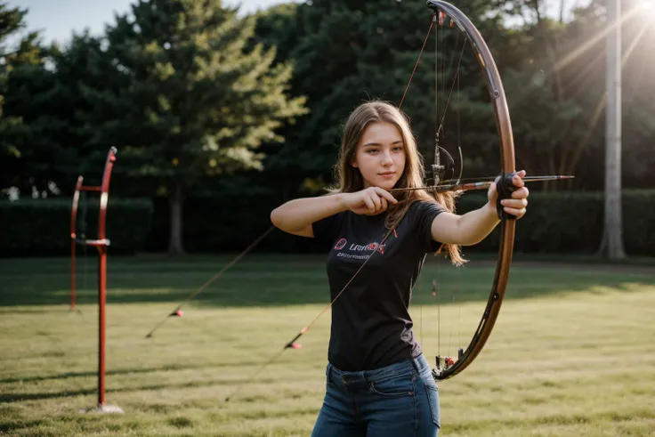 full body,photo of a 18 year old girl,practicing archery,happy,ray tracing,detail shadow,shot on Fujifilm X-T4,85mm f1.2,sharp focus,depth of field,blurry background,bokeh,lens flare,motion blur,<lora:add_detail:1>,