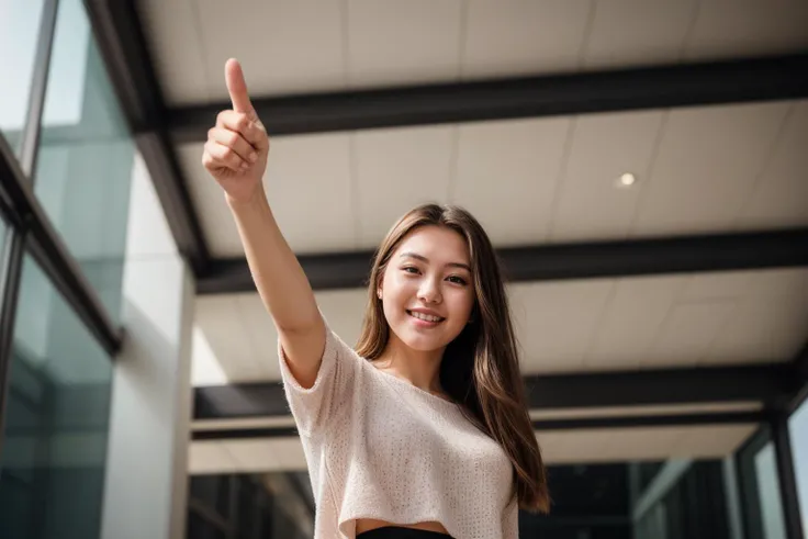 full body,from below,wide shot,photo of a 23 year old girl,pointing at viewer,happy,ray tracing,detail shadow,shot on Fujifilm X-T4,85mm f1.2,sharp focus,depth of field,blurry background,bokeh,lens flare,motion blur,<lora:add_detail:1>,