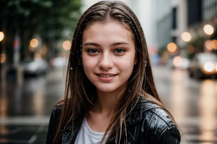 photo of a 18 year old girl,soaked,happy,ray tracing,detail shadow,shot on Fujifilm X-T4,85mm f1.2,sharp focus,depth of field,blurry background,bokeh,lens flare,motion blur,<lora:add_detail:1>,