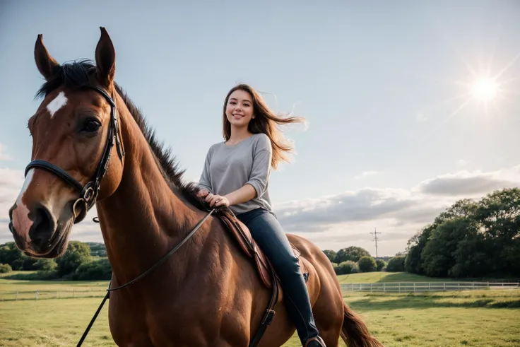 full body,from below,wide shot,photo of a 23 year old girl,riding a horse,happy,ray tracing,detail shadow,shot on Fujifilm X-T4,85mm f1.2,sharp focus,depth of field,blurry background,bokeh,lens flare,motion blur,<lora:add_detail:1>,
