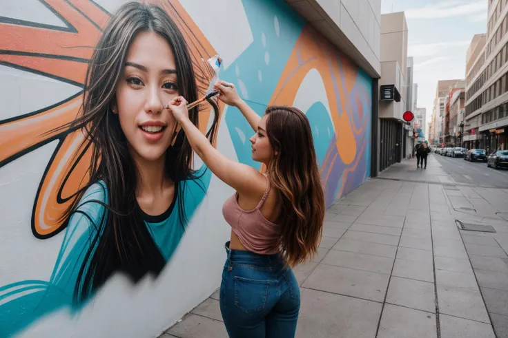 full body,from below,wide shot,photo of a 23 year old girl,painting the wall,street art,happy,ray tracing,detail shadow,shot on Fujifilm X-T4,85mm f1.2,sharp focus,depth of field,blurry background,bokeh,lens flare,motion blur,<lora:add_detail:1>,