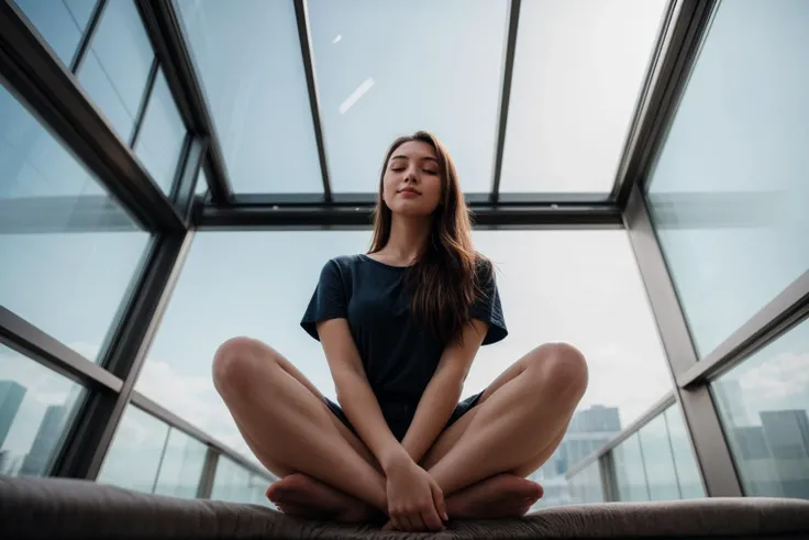full body,from below,wide shot,photo of a 23 year old girl,meditating,happy,ray tracing,detail shadow,shot on Fujifilm X-T4,85mm f1.2,sharp focus,depth of field,blurry background,bokeh,lens flare,motion blur,<lora:add_detail:1>,