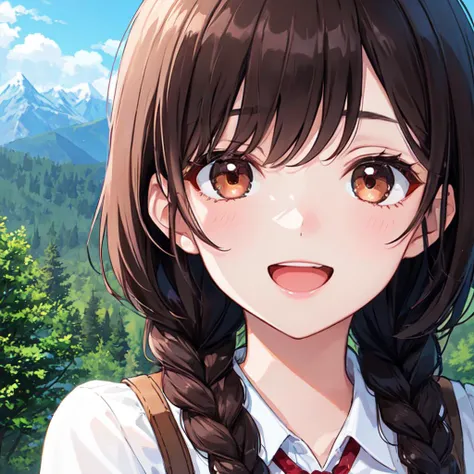 1 girl, best quality, amazing intricate, dark brown hair, twin braids, dark brown eyes, (round eyes:1.3), :d, medium breasts, 
from front, face only close up, 
in the forest, mountain in the distance, sky