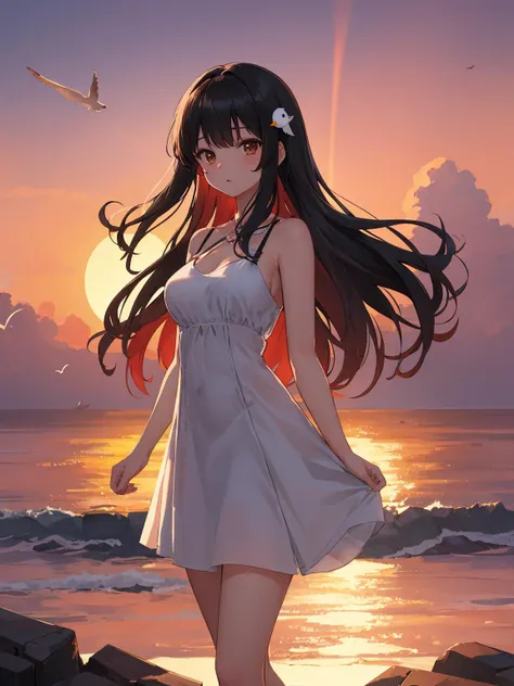 masterpiece, best quality, ultra-detailed, 
1girl, black hair, long hair, brown eyes, hair ornament, medium breasts,
lucency full dress, ((dusk)),sunset glow,standing on the ((headland)),extremely beautiful (red sun),some seabirds flying in the beautiful sky,[a few thin clouds in the sky],(cinematic lighting)[Tyndall Effect],cowboy shot