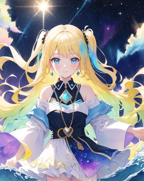 (extremely detailed CG),(((Iridescence))),((masterpiece)),((best quality)),4k,cg,illustration,extremely detailed wallpaper,((watercolor)),((water pastel color)),A cute girl with an overly cute face,long light blonde hair,(one side up),blue eyes,large breasts,off-shoulder collared shirt,bottomless,zettai ryouiki,Time-lapse photography,lovely face,,dress,beautiful detailed ,((((Iridescence_hair)))),long hair,Amazing,finely detail,Depth of field,original,upper body, looking at viewer,(((colorful))),(Fantasy),Fantasyart,((starry sky)),(universe),(beautiful detailed night sky),(lens flare),sparkle