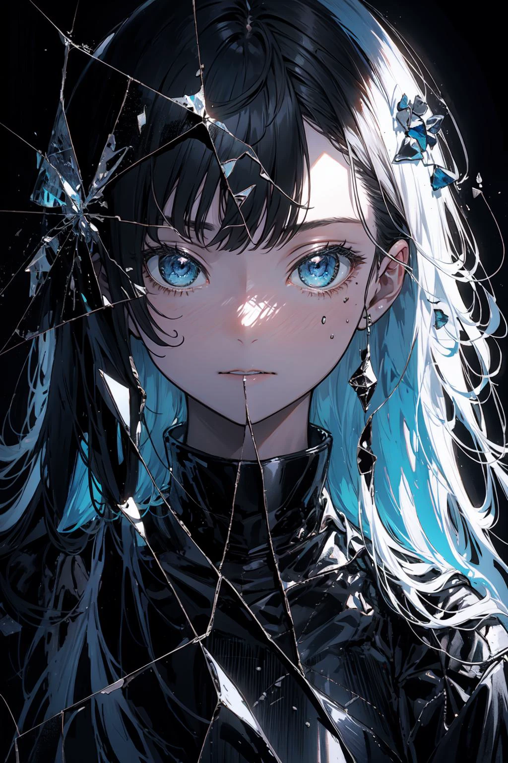 (best art,:1.3),
silver theme,black theme,white theme,blue theme,long hair ultra high res, masterpiece, best quality, <lora:glass_crack_effects:0.7>