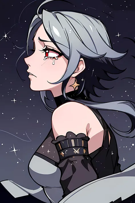 masterpiece, best quality, very detailed illustrations, starry sky background, flares, shooting stars, <lora:YanVK:0.5>, 1girl, solo, wgite short hair with long locks, facial mark, crescent, red eyes, only face, profile, looking at the sky, tears, sad look