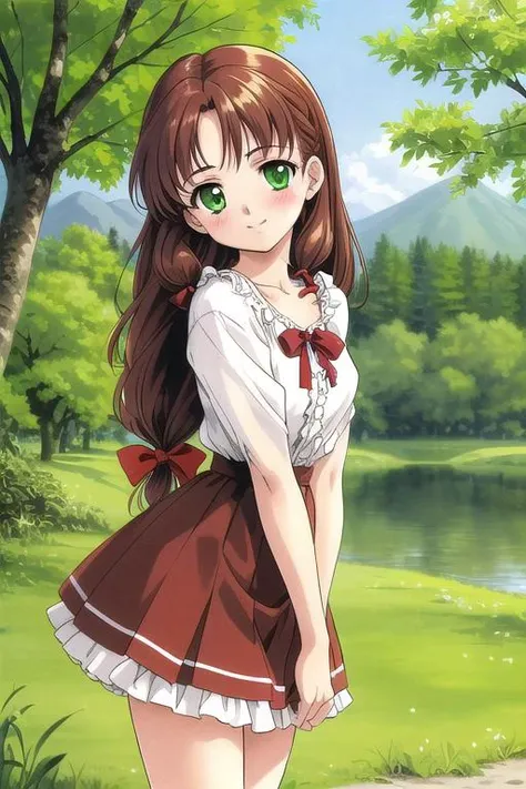 ultra detail,best quality,masterpiece, Mew, 1girl, soro, green_eyes, ribbon, hair_ribbon, long_hair, forest,lake,tree,smile,blush, <lora:Mew:0.6>white frill blouse,red ribbon,brown hair,red camisole,white plits skirt,shy pose