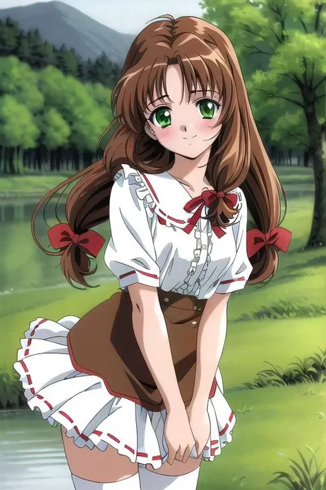 ultra detail,best quality,masterpiece, Mew, 1girl, soro, green_eyes, ribbon, hair_ribbon, long_hair, anime, forest,lake,tree,smile,blush, <lora:Mew:0.7>white frill blouse,red ribbon,brown hair,red camisole,white plits skirt