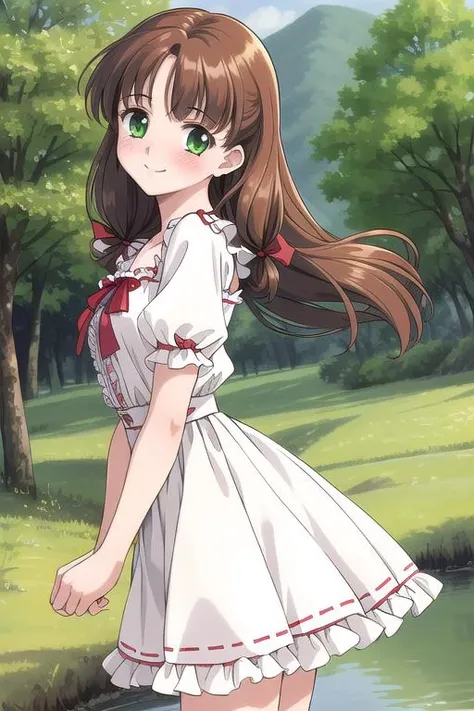 ultra detail,best quality,masterpiece, Mew, 1girl, soro, green_eyes, ribbon, hair_ribbon, long_hair, forest,lake,tree,smile,blush, <lora:Mew:0.6>white frill blouse,red ribbon,brown hair,red camisole,white plits skirt,shy pose