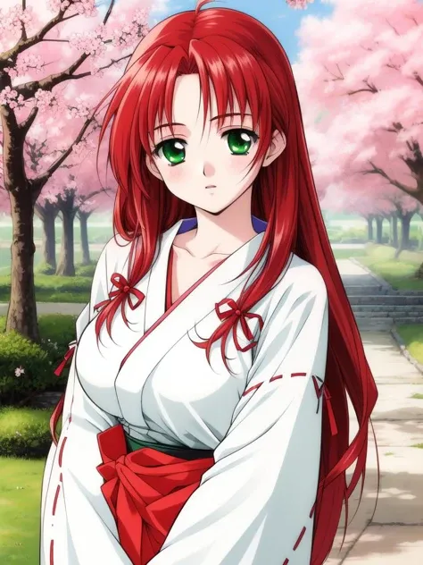 <lora:Mew:0.8>, Mew, green_eyes, red_hair, ribbon, hair_ribbon, long_hair, large_breasts,
japanese white clothes, miko, red hakama, shrine, cherry blossom,
masterpiece, high quality, very_high_resolution, large_filesize, full color,