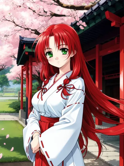 <lora:Mew:0.8>, Mew, green_eyes, red_hair, ribbon, hair_ribbon, long_hair, large_breasts,
japanese white clothes, miko, red hakama, shrine, cherry blossom,
masterpiece, high quality, very_high_resolution, large_filesize, full color,