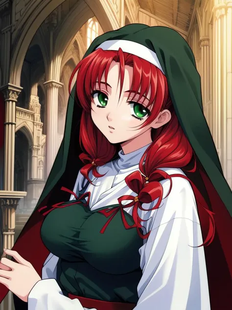 <lora:Mew:0.8>, Mew, green_eyes, red_hair, ribbon, hair_ribbon, long_hair, large_breasts,
church, Nun,
masterpiece, high quality, very_high_resolution, large_filesize, full color,